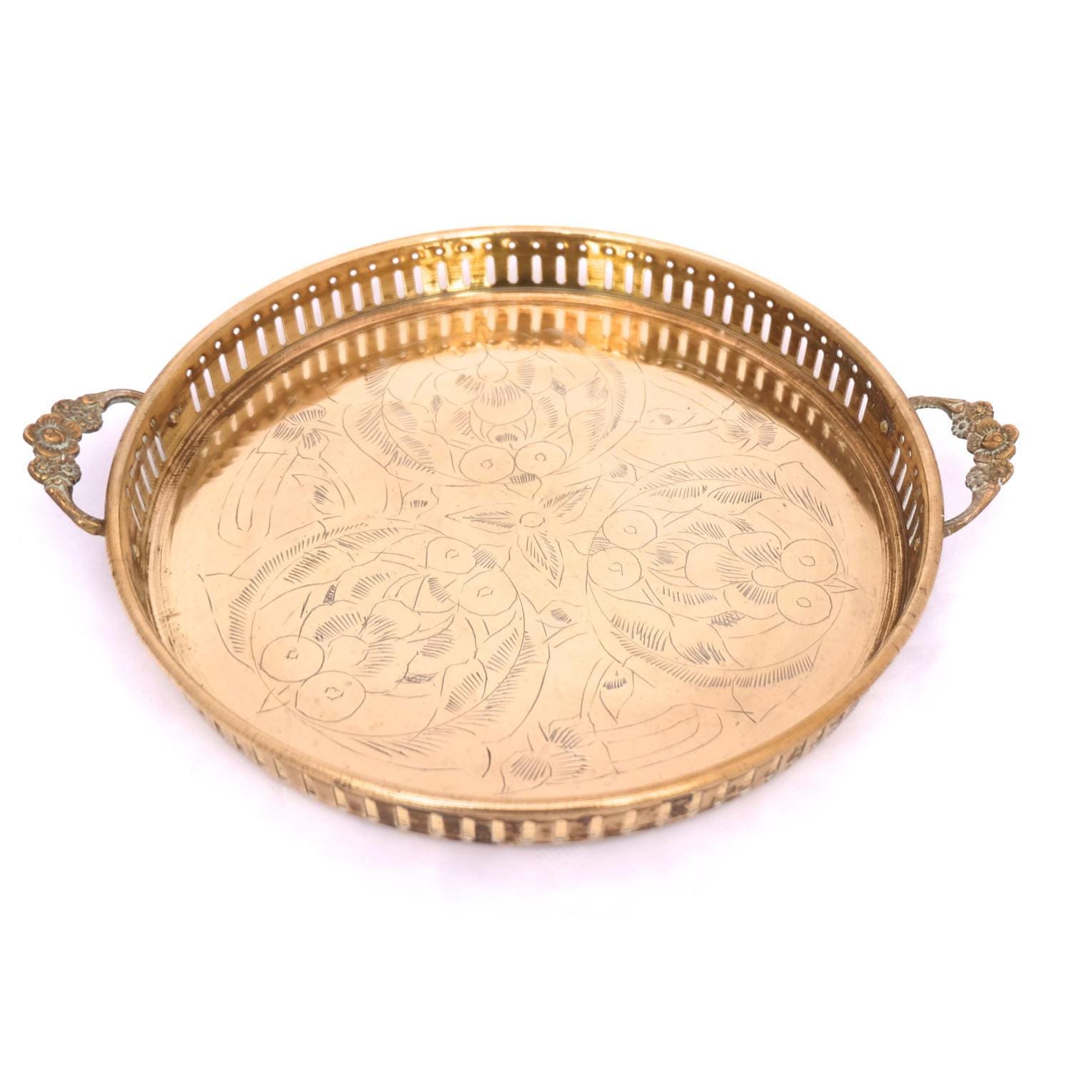 Vintage Round Brass Tray Engraved Brass Serving Tray With