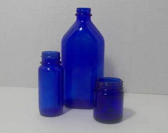 Cobalt Blue bottles 3 different, one Phillips one Vicks one Bromo seltzer Apothecary old pharmacy bottle upcycle