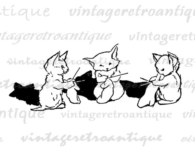 Printable Image Knitting Kittens Digital Cute Cat Graphic Illustration Download Vintage Clip Art Jpg Png Eps HQ 300dpi No.1868