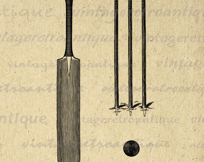 Printable Cricket Bat and Ball Digital Image Download Graphic Illustration Antique Clip Art Jpg Png Eps HQ 300dpi No.4118