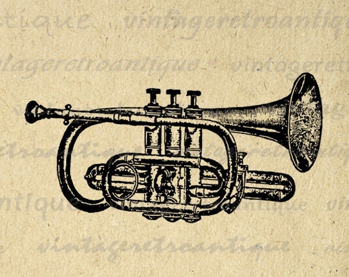 Printable Digital Cornet Trumpet Graphic Music Instrument Download Band Image Vintage Clip Art Jpg Png Eps HQ 300dpi No.1115