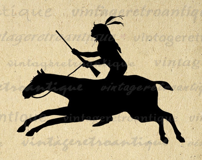 Native American Indian Riding Horse Silhouette Printable Graphic Image Digital Download Vintage Clip Art Jpg Png Eps HQ 300dpi No.3334