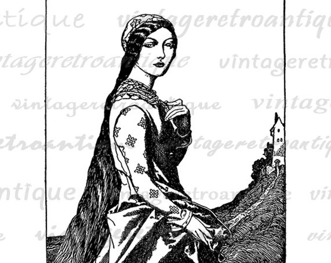 Printable Graphic Medieval Damsel Woman Lady Image Download Digital Vintage Clip Art Jpg Png Eps HQ 300dpi No.2826