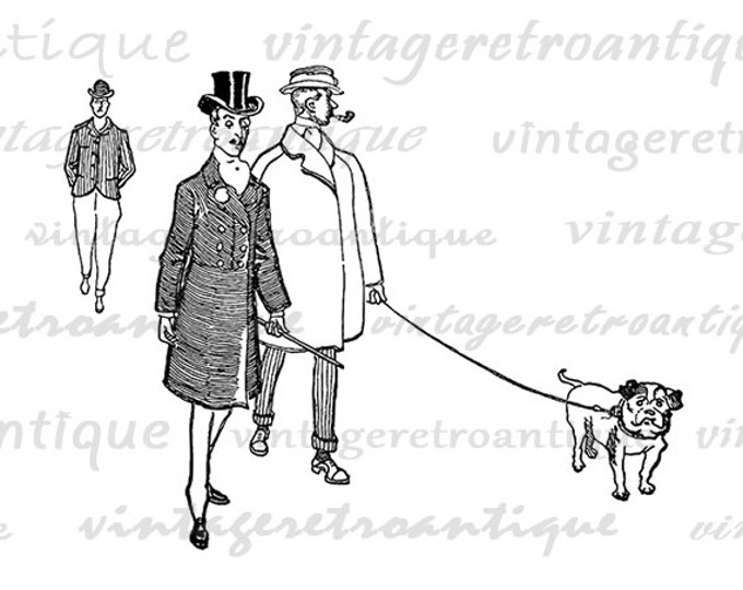 Walking a Bulldog Graphic Printable Digital Dog Download Image Antique Clip Art for Transfers Printing etc HQ 300dpi No.1632