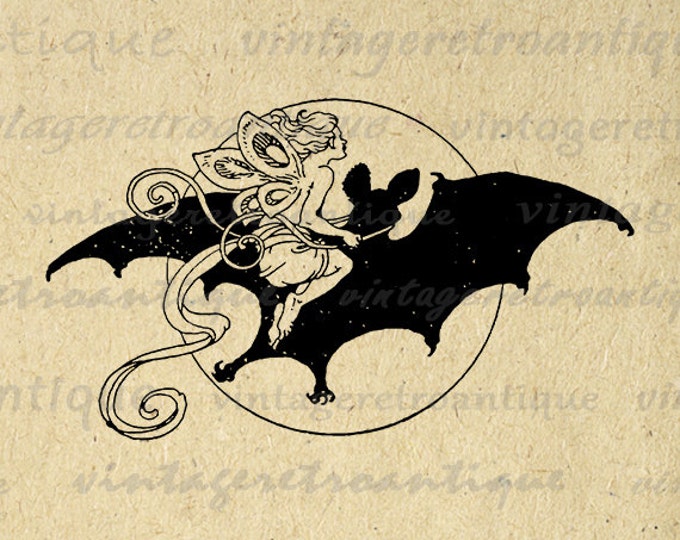 Digital Image Fairy Riding Bat Download Printable Graphic Artwork Vintage Clip Art for Transfers Making Prints etc HQ 300dpi No.2906