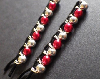 Silver and Red- Christmas Accessory- Hair Style Accessories- Hair Jewelry- Beaded Bobby Pins- Hair Pins- Gift for Her- Woman- Teen Girls