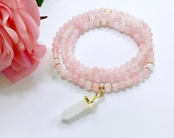 108 Mala, Mala Necklace, 108 Pink Mala, Japa Mala, Rose Quartz Mala, Mala necklace, Mantra mala,Gemstone mala,Healing mala,Gift for her,MRQP