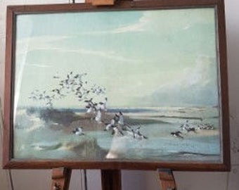 Lovely Mid-Century 1960's Vernon Ward, Framed Print, "Mallards in Flight Over an Estuary" in lovely cool natural grey's,greens and blues...