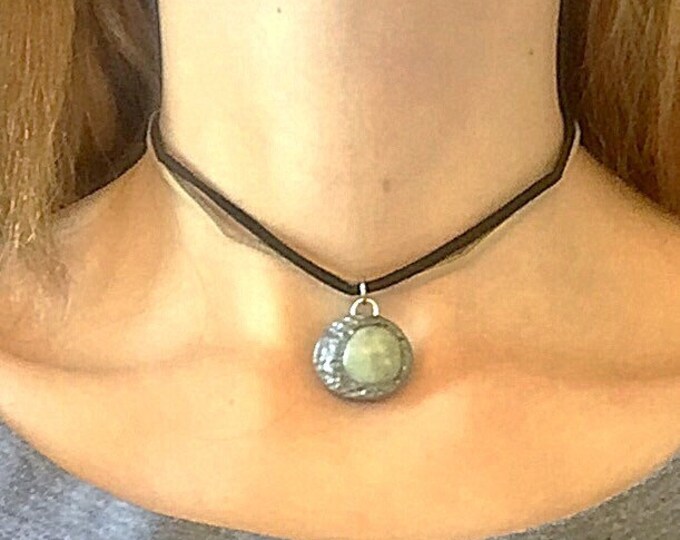 Blue Serpentine Jasper Full Moon Antique Silver Cresent Moon Pendant on Nude and Black Suede Leather Choker with Moonstone