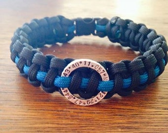 Latitude and Longitude Thin Blue Line Bracelet or Keychain