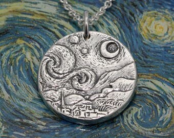 Starry Night Sterling Silver Pendant – Sterling Silver Necklace – Sterling Silver Jewelry Gift – Van Gogh Moon Pendant – Sterling Pendant