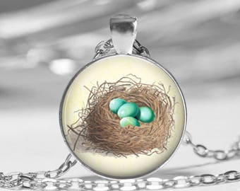 Yellow Bird Nest Springtime Glass Photo Necklace or Key Chain Blue Eggs Spring Jewelry Pendant