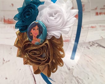 Princess Jasmine Headband, Disney Headband, Teal & Gold Shabby Chic Flower, Disney Princess Headband, Aladdin Headband