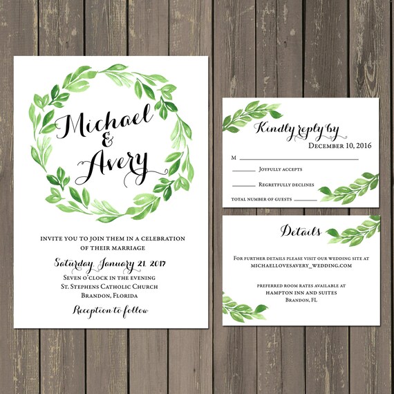 Green Wreath Wedding Invitation Suite Leaf Botanical Garden Green Wreath Wedding Invitation Suite Leaf Botanical Garden