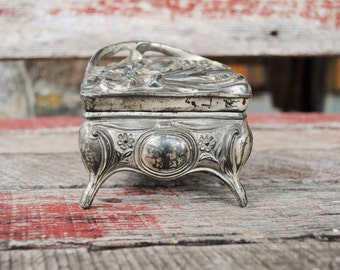 Antique Art Nouveau Cast Pot Metal Jewelry Casket