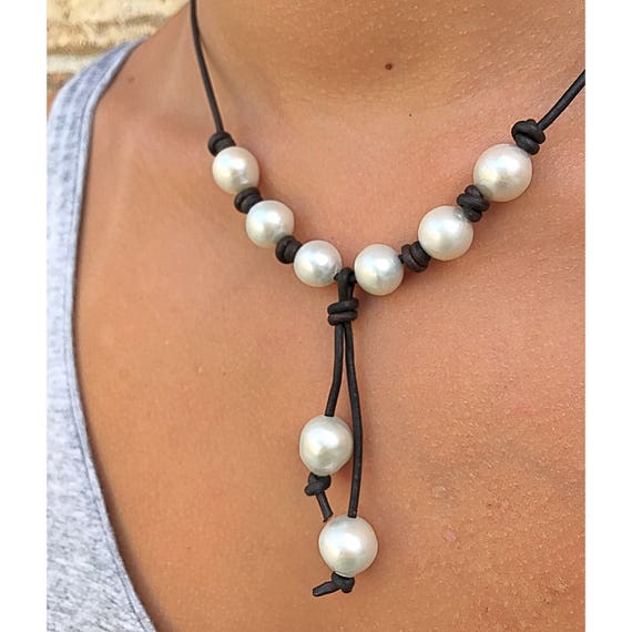 Items Similar To Leather Pearl Necklace Pearl Leather Necklace Leather Pearl T For Mother 7969