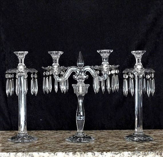 Massive Antique HEISEY Crystal Glass Candelabrum Patrician 2 lite PAIR Candelabras 1920s Elegant Depression Glass Cottage Home Decor Wedding