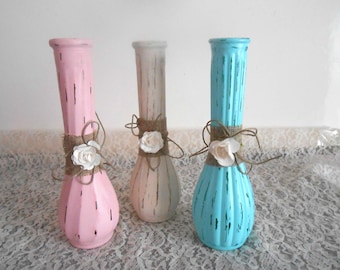 Bud Vases, Vintage, Distressed, Clear Glass Vases, Aqua, Pink, Creme, Shabby Chic, Flower Vases, Burlap, Jute, White Flowers, Rustic