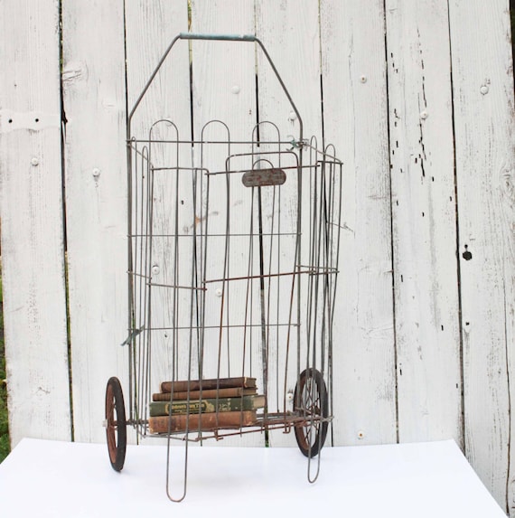 Vintage Folding Wire Grocery Cart with Wheels Flea Market