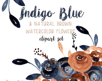 Flower Clipart, Indigo, Navy, Brown, Watercolor Flower Clipart, Floral Clipart, Watercolor Floral Clipart