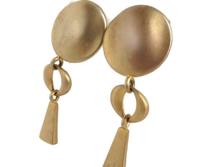 Matte Gold Tone Button Earrings, Vintage MOD Dangling Clip-on Earrings