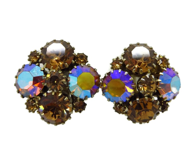 Weiss Topaz and AB Rhinestone Earrings, Vintage Signed Designer Clip-on Earrings