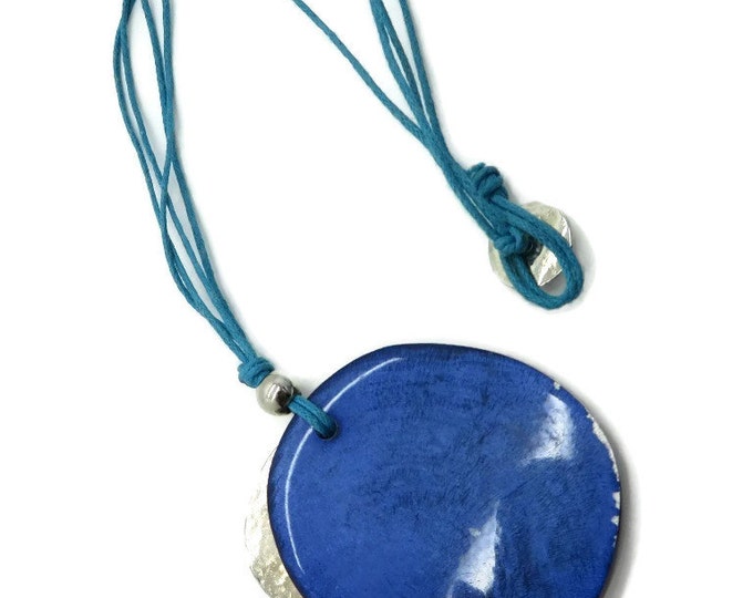 Boho Corded Necklace, Vintage Blue Pendant, Teal Green Necklace, Hippie Necklace