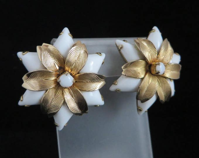 Weiss Glass Earrings, Vintage White and Gold Flower Earrings, Signed Weiss Clip-on Earrings
