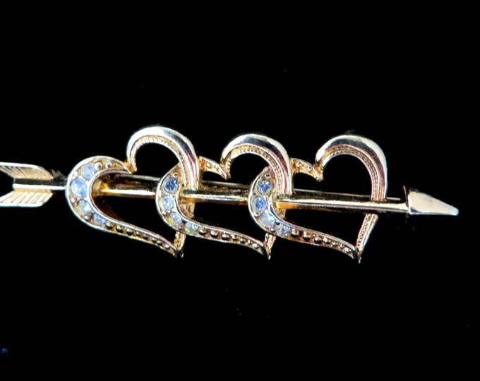 Rhinestone Hearts Brooch, Vintage Pin, Signed Avon Hearts Brooch, Triple Heart and Arrow Rhinestone Studded Pin, Gift for Her