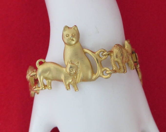 Vintage Cat Bracelet, AJC Jewelry, Cat Lovers Bracelet, Gold Tone Link Bracelet