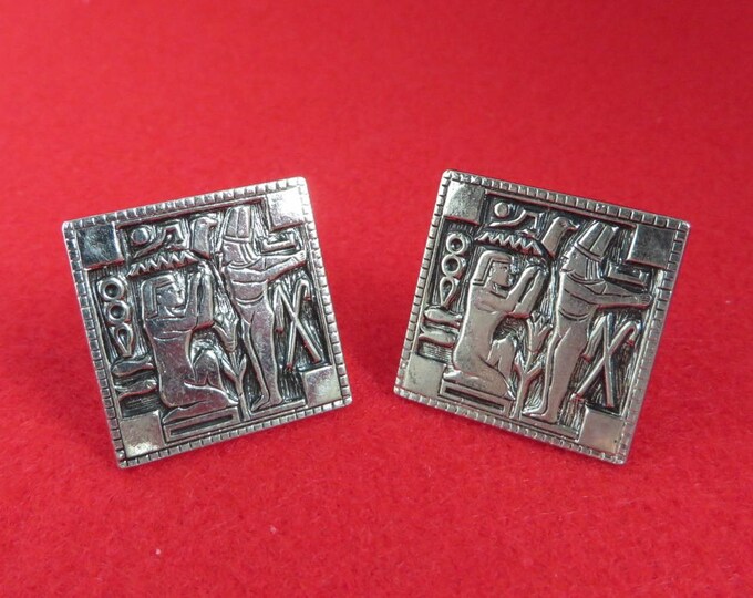 Silver Tone Etched Cufflinks Tie Tac Bar Set Vintage Egyptian Design Mens Gift Idea Fathers Day