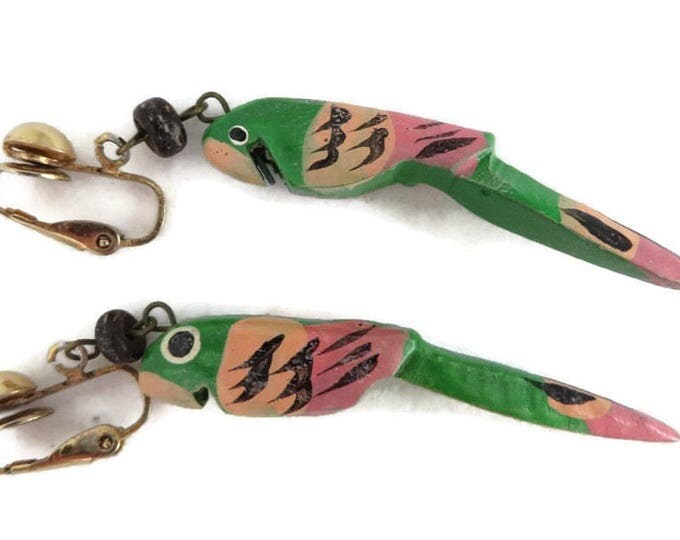 Green Parrot Earrings, Vintage Wood Parrot Dangling Clip on Earrings, Costume Jewelry Gift Idea