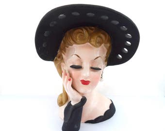 Vintage Napco 1950s Lady Head Vase Rita Hayworth Head Vase Black Ribbon Hole Hat With Bow Pearl Earrings Vintage Hollywood Glamour