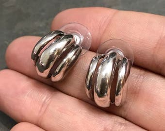 Vintage Sterling silver handmade earrings, lightweight 925 silver hoops studs, modernist, stamped 925