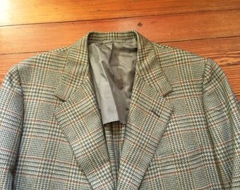 Vintage 90s Oxxford Clothes Green Orange Glen Plaid Sport Coat Blazer 46-48