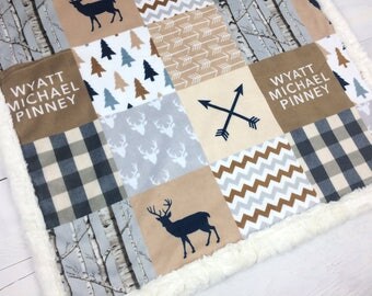 Personalized Baby Blanket, beige gray tan Minky blanket deer arrows plaid lumberjack blanket, little man boy blanket, birth gift blanket
