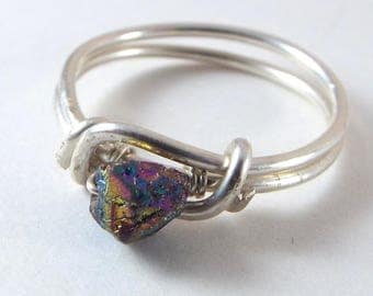 Raw Peacock Druzy Wire Wrapped Ring
