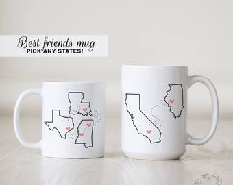 Best Friends Coffee Mug | Long Distance Love | State to Sate Mug | Long Distance Friendship | Besties Mug | Heart in Two Places | Custom Mug