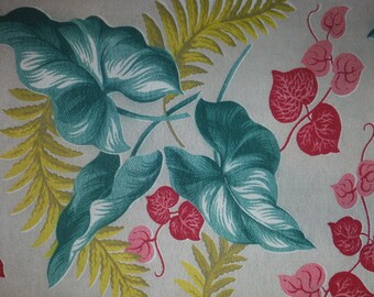 Vintage 1950's Tropical Barkcloth Drapery Panel - 1950's Tropics Foliage Fabric - 50's Barkcloth Drapery Panel - Jungle Leaves Barkcloth