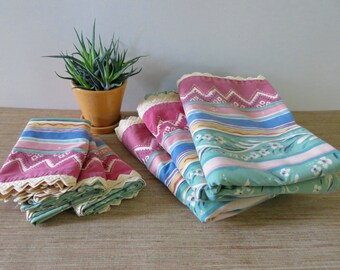 Vintage Floral Twin Flat Sheet & Pillow Case - Collier Campbell - Green Pink Blue Yellow, Ecru Eyelet Trim (Three Sets Available)