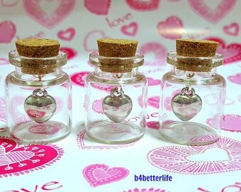 Lot Of 3pcs Silver Color Heart Love PVC Charm In A Mini Glass Bottle With Cork. #CIB216XL.