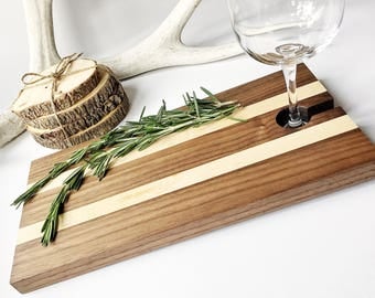 Maple & Walnut Serving Tray - Cheese Board with Wine Glass Holder - Appetizer Cutting Board with Wine Carrier