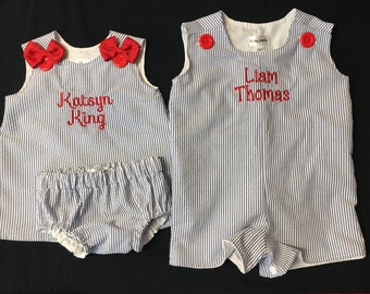 Baby Girl Dress and Bloomers or Baby Boy Jon Jon Navy Seersucker Matching Brother Sister Outfits Sibling Photos Twins