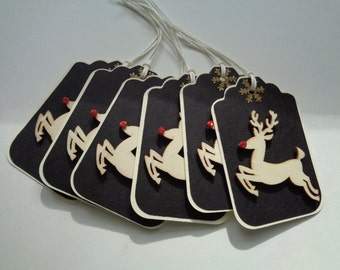 6 Rudolph the Red Nose Reindeer tags - Wooden 3D tags - Merry Christmas tags - Red Nose tags - Reindeer tags