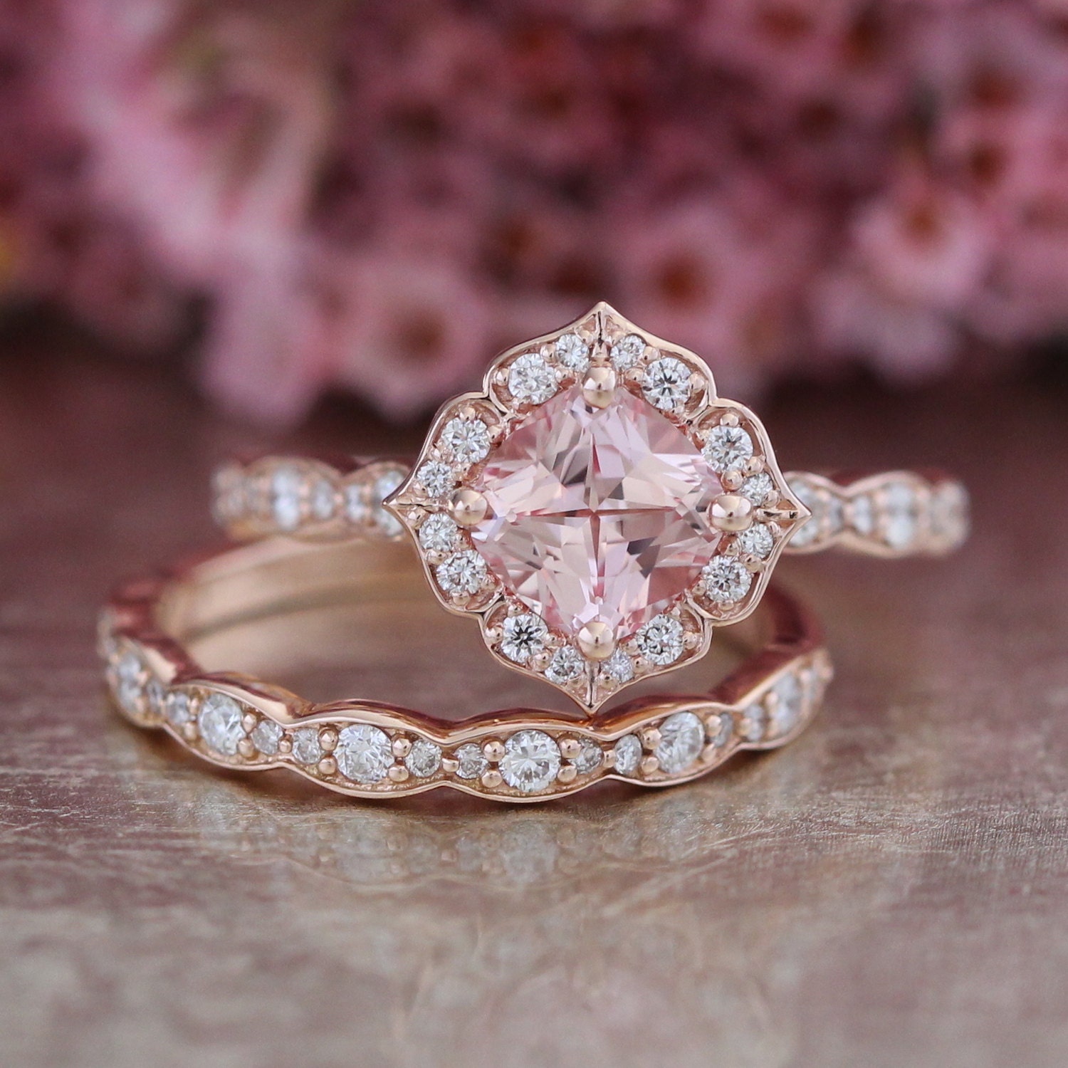 14k Rose Gold Bridal Set Vintage Floral Champagne Peach