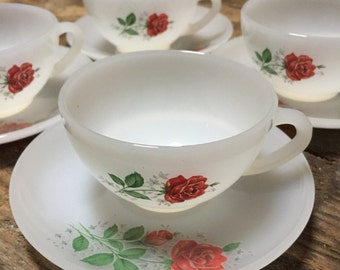 Set of 4 Kitsch Milk Glass Cups and Saucers, French Vintage