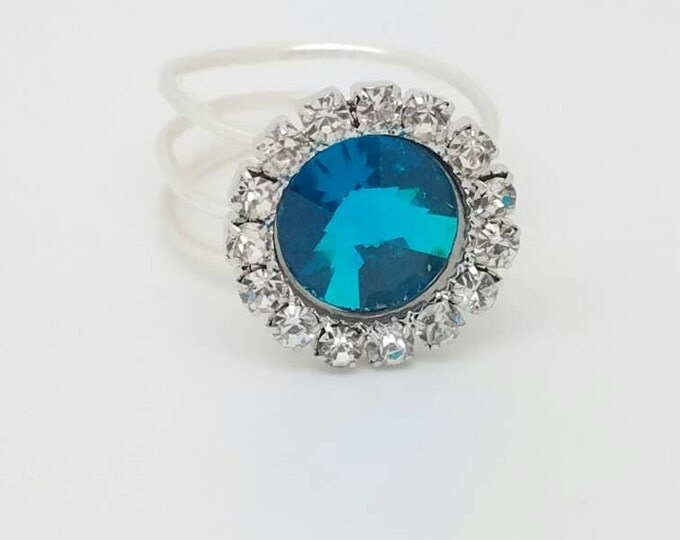 Blue Crystal Ring Silver Blue Button Crystal Ring Wire Wrapped ring Handmade silver Blue Ring Swarovski Crystal Shinny ring