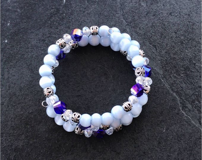 Blue memory bracelet, white memory bracelet, memory bracelet, white cat eye bracelet, white blue bracelet