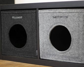 Felt cat cave fits into Ikea Expedit and Kallax, embroidered felt cat bed, cat house, pet bed, small puppy bed, pet furniture embroidered