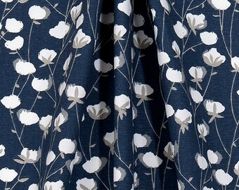 Farmhouse Navy Blue Cotton Bolls Fabric Designer Cotton Drapery Curtain Fabric or Upholstery Fabric Southern Country Navy Indigo Fabric C334